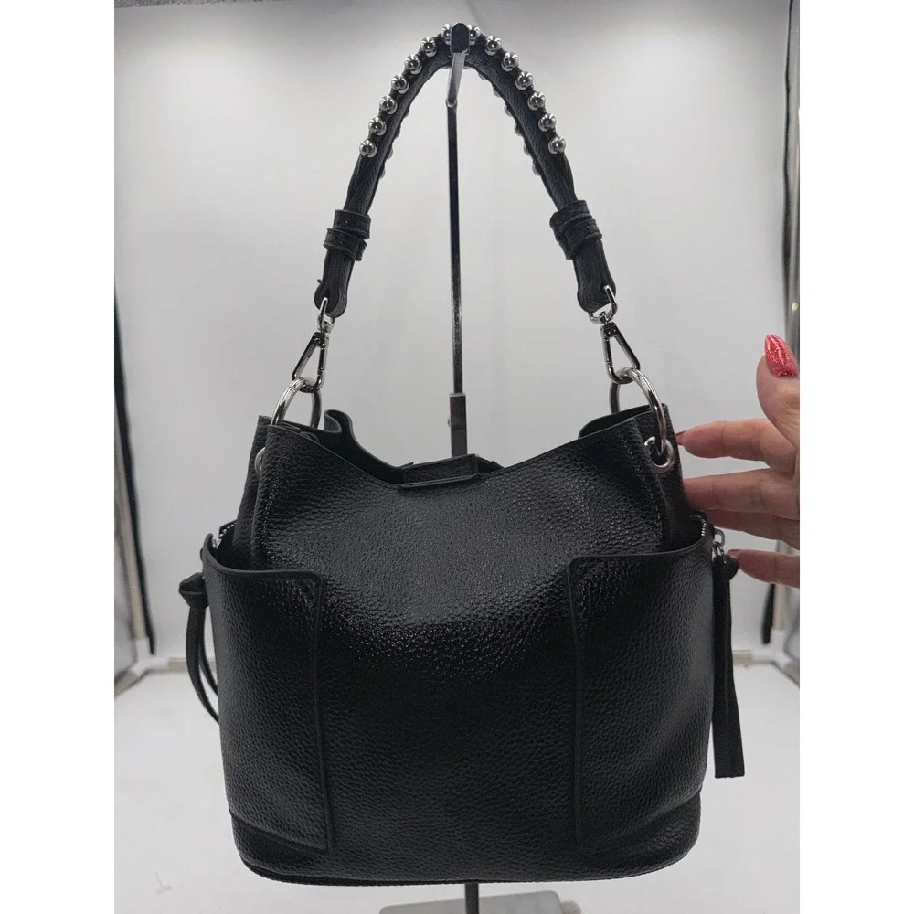 Steve Madden Black Pebbled Vegan Leather Studded Handle Hobo Bucket Bag